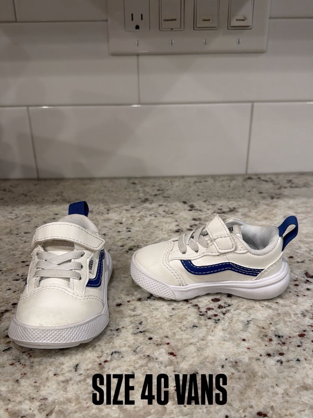 Vans Kids White Sneakers with Blue Side Stripe